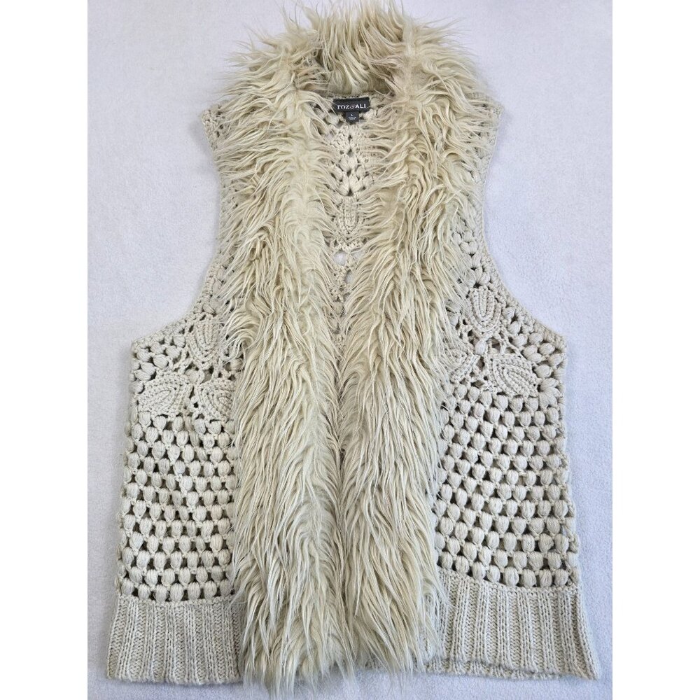 Roz & Ali Womens Faux Fur Collar Crochet Vest L Boho Hippie